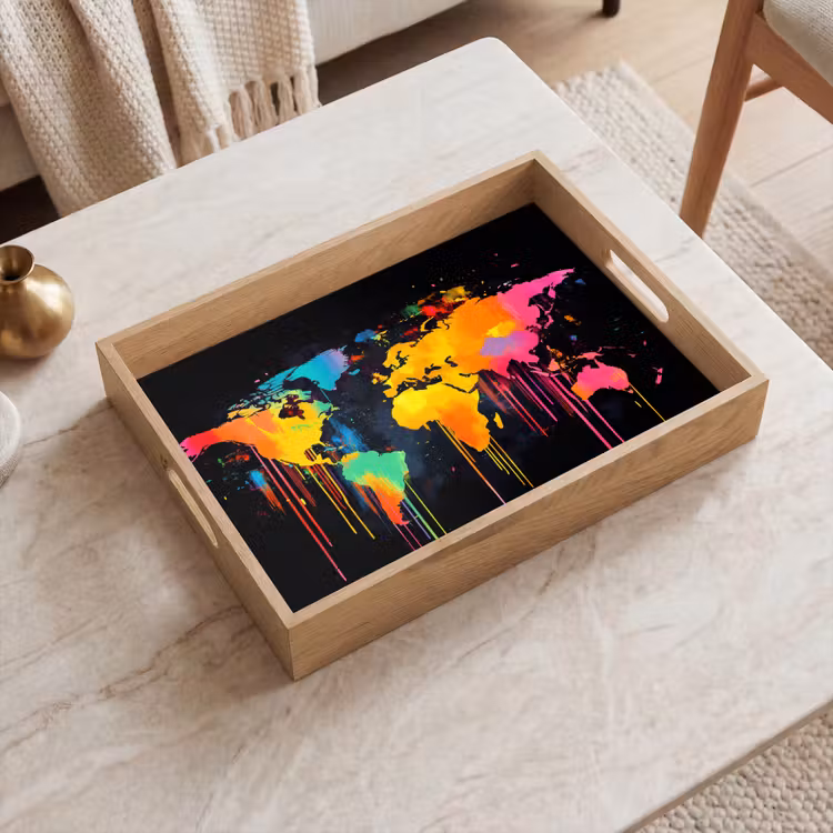 Wereldkaart - Verf - Kleurrijk - Graffiti - Wereld Dienblad Rechthoek middel -sfeer1