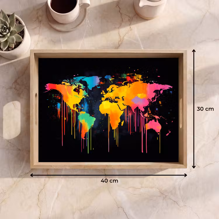 Wereldkaart - Verf - Kleurrijk - Graffiti - Wereld Dienblad Rechthoek middel -USP_Formaat