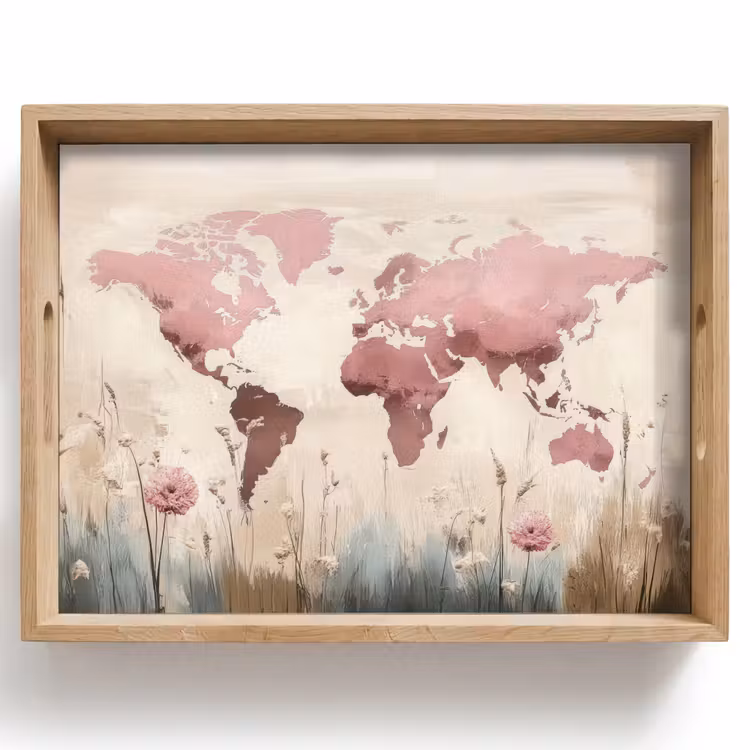 Wereldkaart - Roze - Bloemen Dienblad Rechthoek middel -z3d_shopping