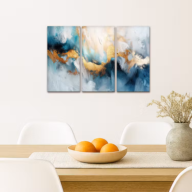Blauw - Abstract - Wit - Goud - Verf Canvas - Meerluiken 3 luik klein -sfeer4