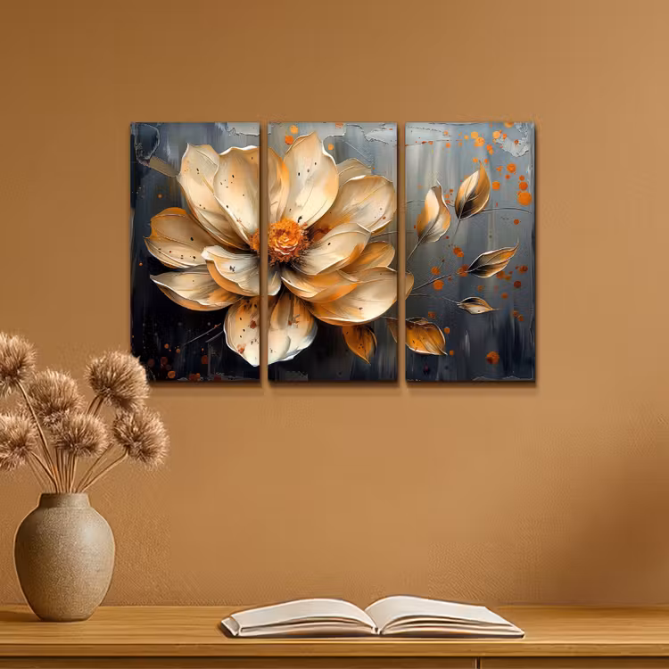 Bloem - Goud - Abstract - Verf Canvas - Meerluiken 3 luik klein -sfeer5