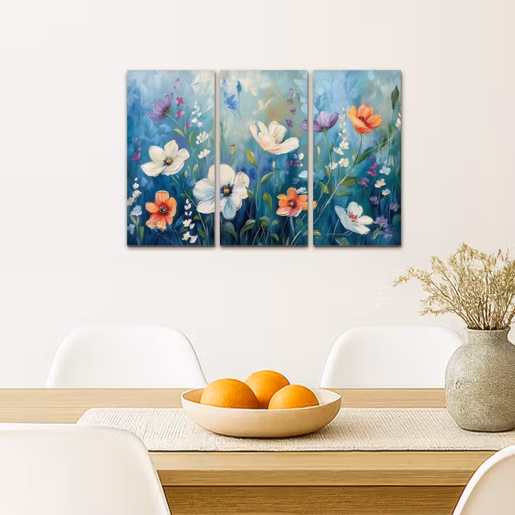 Bloemen - Kleurrijk - Blauw - Natuur Canvas - Meerluiken 3 luik klein -sfeer4