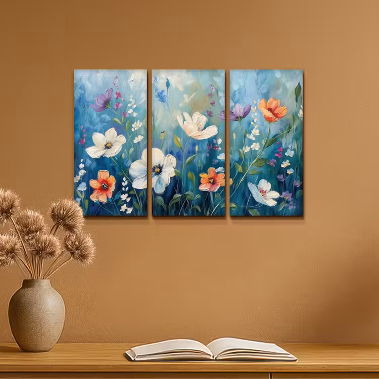 Bloemen - Kleurrijk - Blauw - Natuur Canvas - Meerluiken 3 luik klein -sfeer5