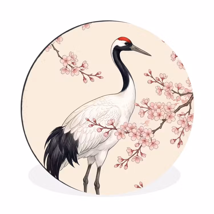 Aziatisch - Kraanvogel - Beige Wandcirkel aluminium klein -3d