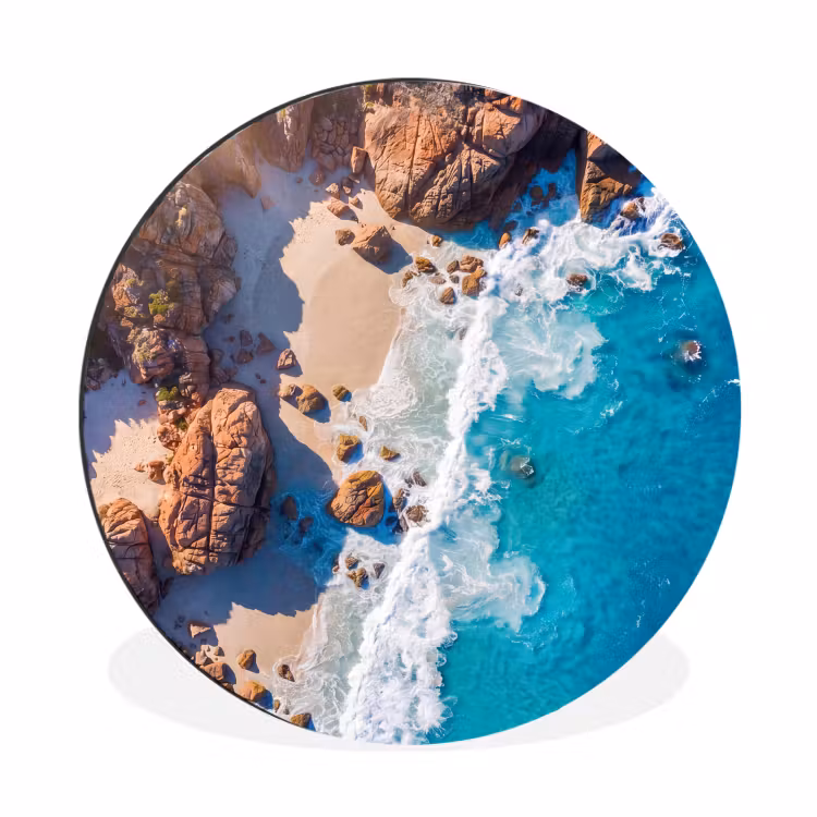 Strand - Zee - Rotsen - Natuur - Blauw Wandcirkel aluminium klein -3d