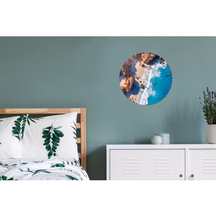 Strand - Zee - Rotsen - Natuur - Blauw Wandcirkel aluminium klein -slaapkamer