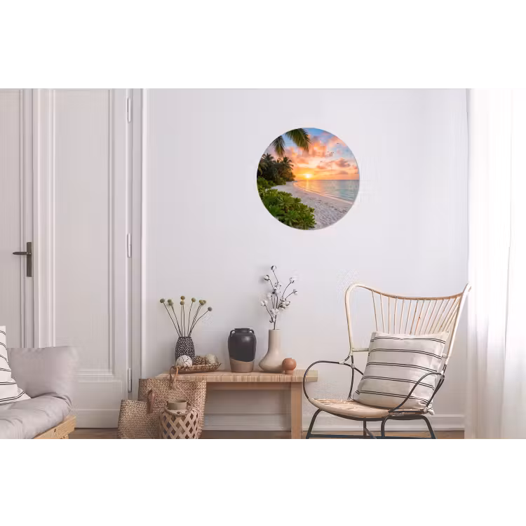 Strand - Zonsondergang - Palmbomen - Tropisch - Natuur Wandcirkel aluminium klein -woonkamer