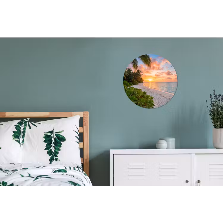 Strand - Zonsondergang - Palmbomen - Tropisch - Natuur Wandcirkel aluminium klein -slaapkamer