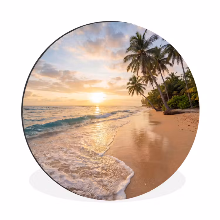 Strand - Zonsondergang - Tropisch - Natuur - Goud Wandcirkel aluminium klein -3d