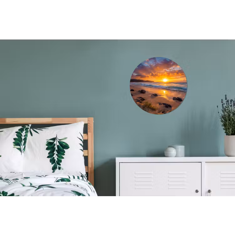 Strand - Zonsondergang - Golven - Natuur - Oranje Wandcirkel aluminium klein -slaapkamer