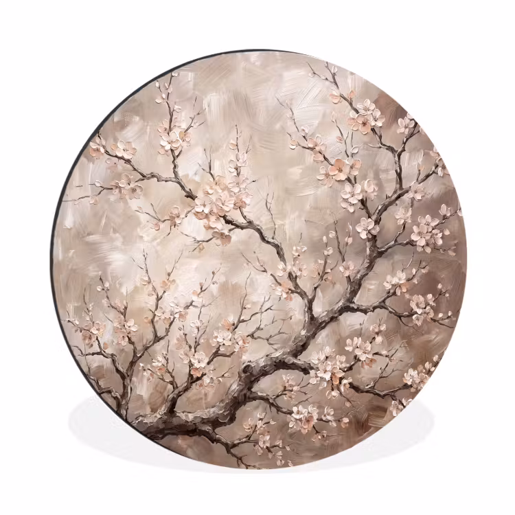 Bloesem - Takken - Schilderij - Beige - Serene Wandcirkel aluminium klein -3d