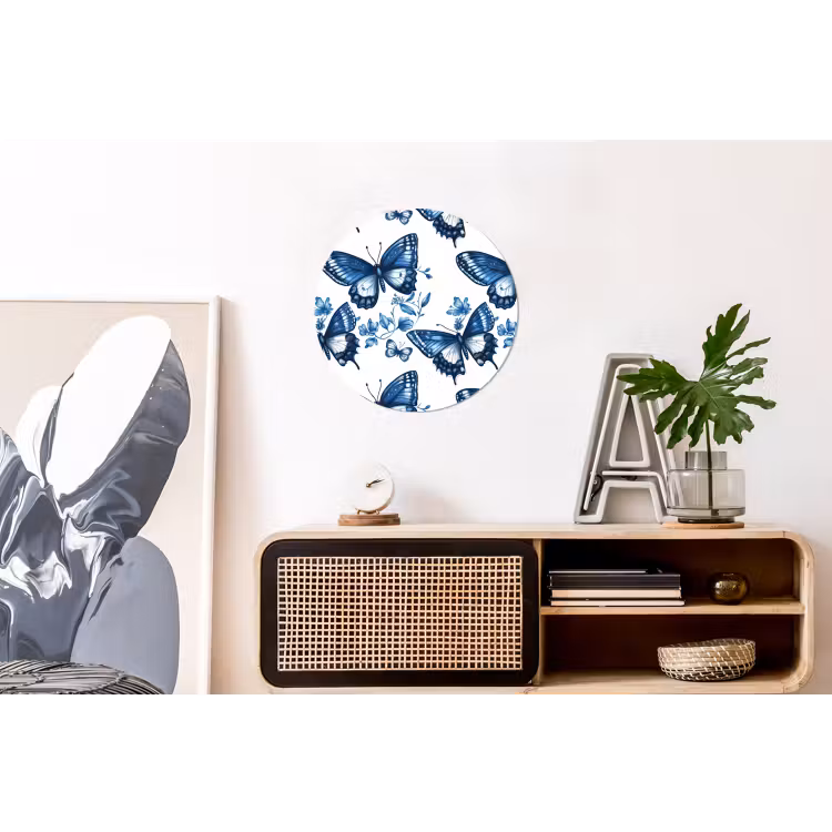 Blauw - Vlinders - Bloemen - Wit Wandcirkel aluminium klein 190 -kantoor