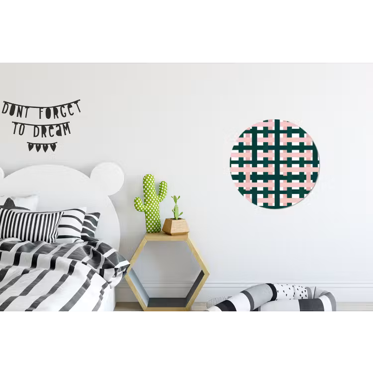 Vlechtpatroon - Groen - Roze - Grafisch Wandcirkel aluminium klein 190 -kinderkamer