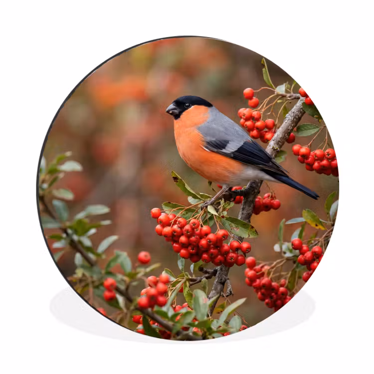 Goudvink - Bessen - Herfst - Natuur - Kleurrijk Wandcirkel aluminium klein -3d
