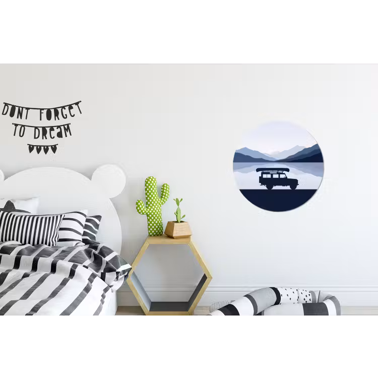 Auto - Meer - Bergen - Blauw Wandcirkel aluminium klein -kinderkamer