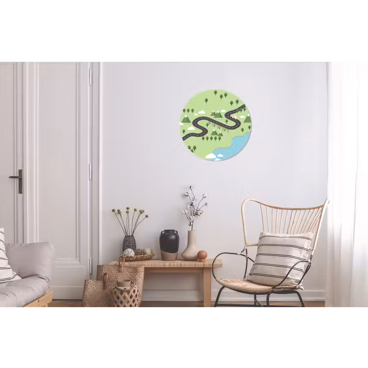 Auto - Bergweg - Natuur - Illustratie Wandcirkel aluminium klein -woonkamer
