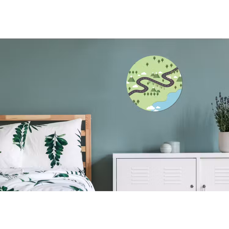 Auto - Bergweg - Natuur - Illustratie Wandcirkel aluminium klein -slaapkamer