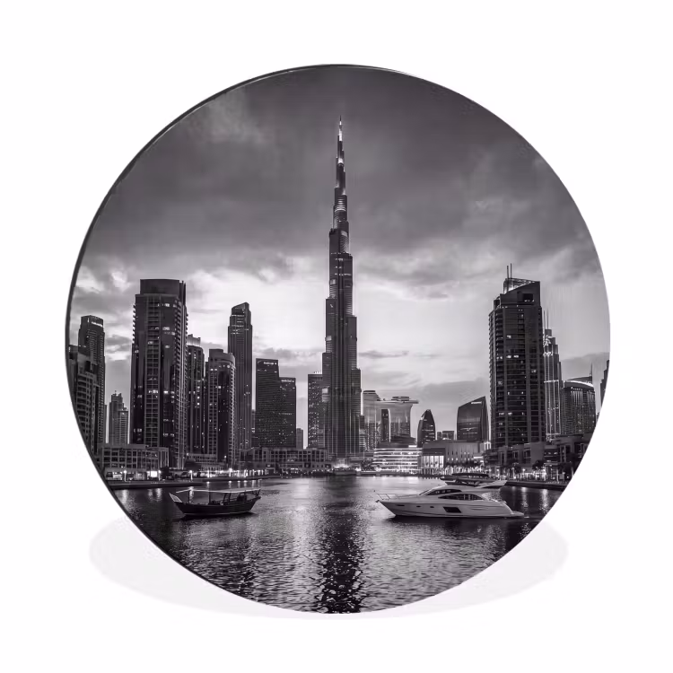 Stad - Skyline - Architectuur - Avond - Zwart-wit Wandcirkel aluminium klein -3d
