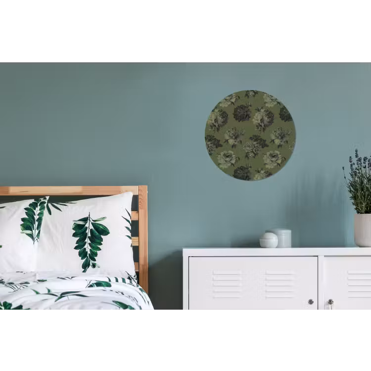 Klassiek - botanisch - olijfgroen - bloemen Wandcirkel aluminium klein 190 -slaapkamer