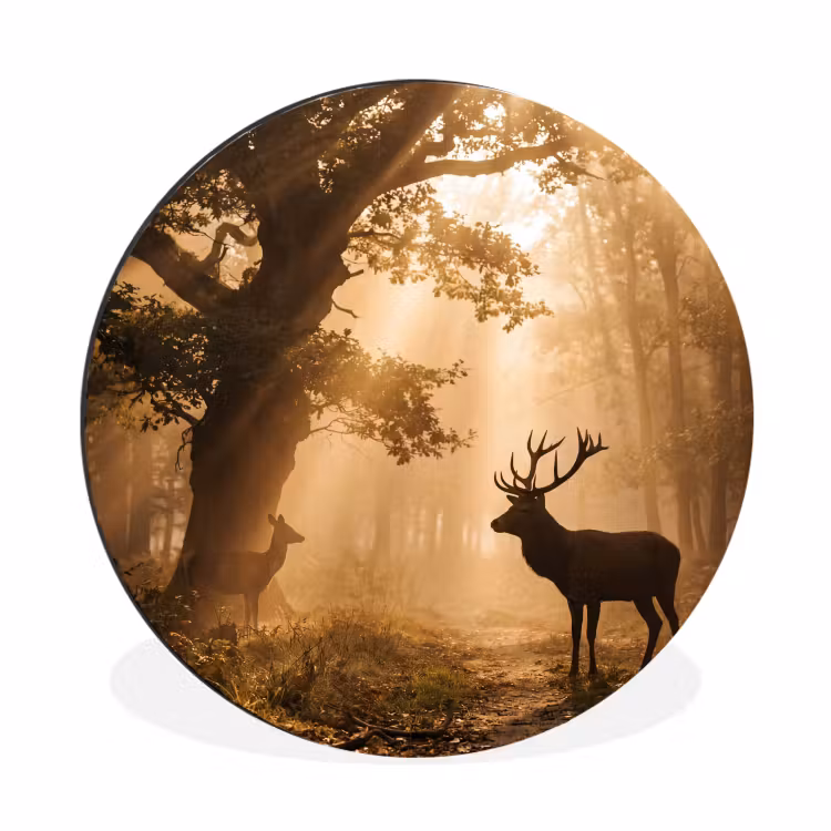 Hert - Bos - Mistig - Natuur - Goud Wandcirkel aluminium klein -3d