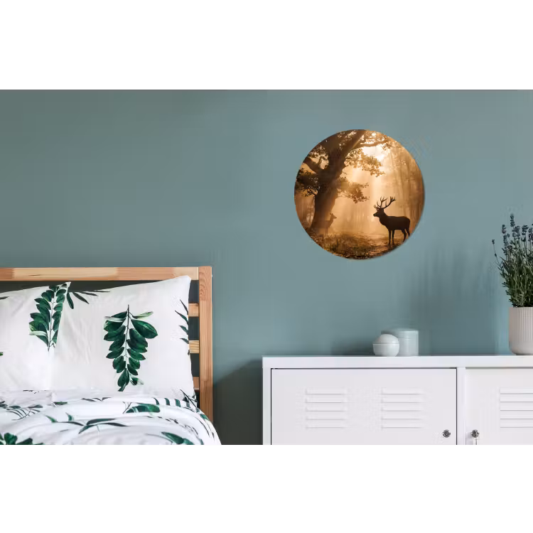 Hert - Bos - Mistig - Natuur - Goud Wandcirkel aluminium klein -slaapkamer