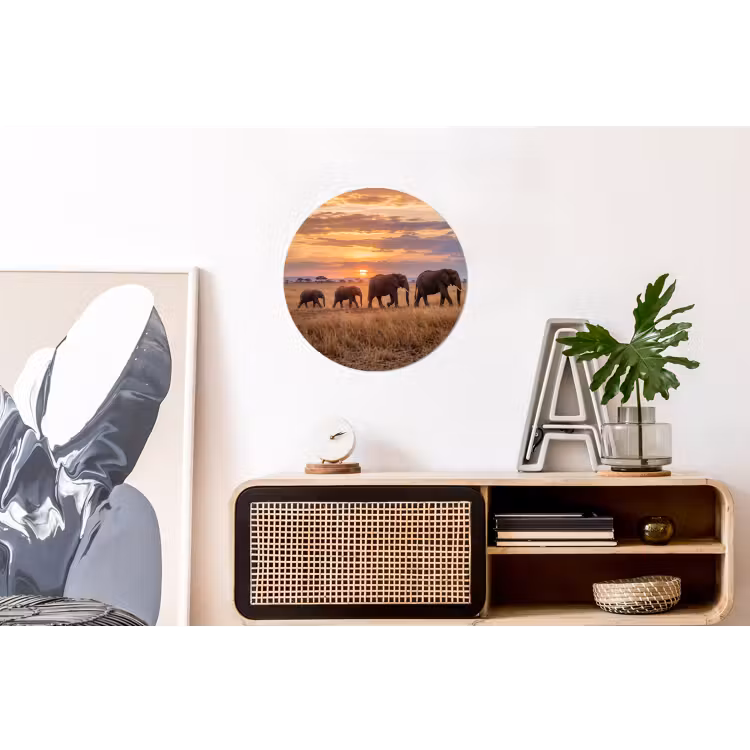Olifanten - Savanne - Zonsondergang - Afrika - Warm Wandcirkel aluminium klein -kantoor