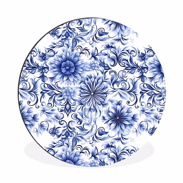 Bloemen - Blauw - Patroon - Wit Wandcirkel aluminium klein 190 -3d