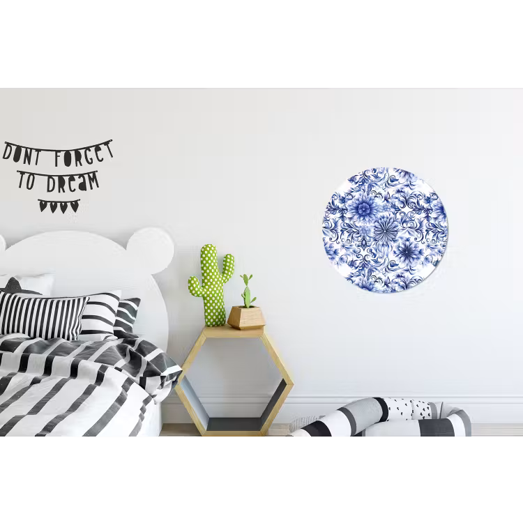 Bloemen - Blauw - Patroon - Wit Wandcirkel aluminium klein 190 -kinderkamer