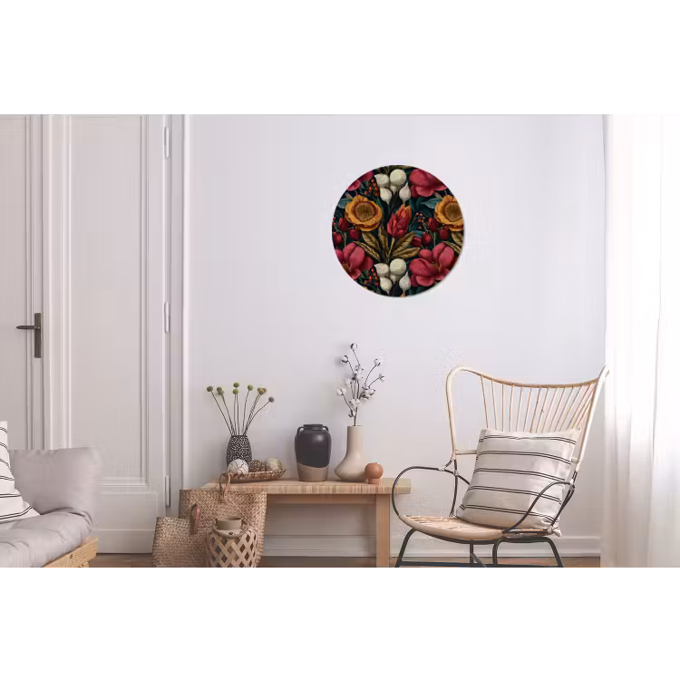 Bloemen - Patroon - Rood - Goud Wandcirkel aluminium klein 190 -woonkamer