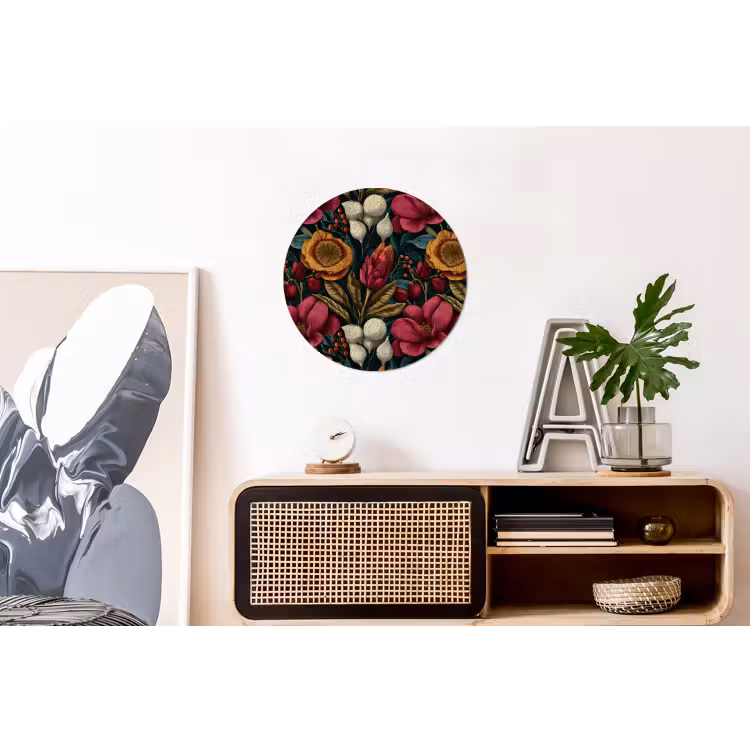 Bloemen - Patroon - Rood - Goud Wandcirkel aluminium klein 190 -kantoor
