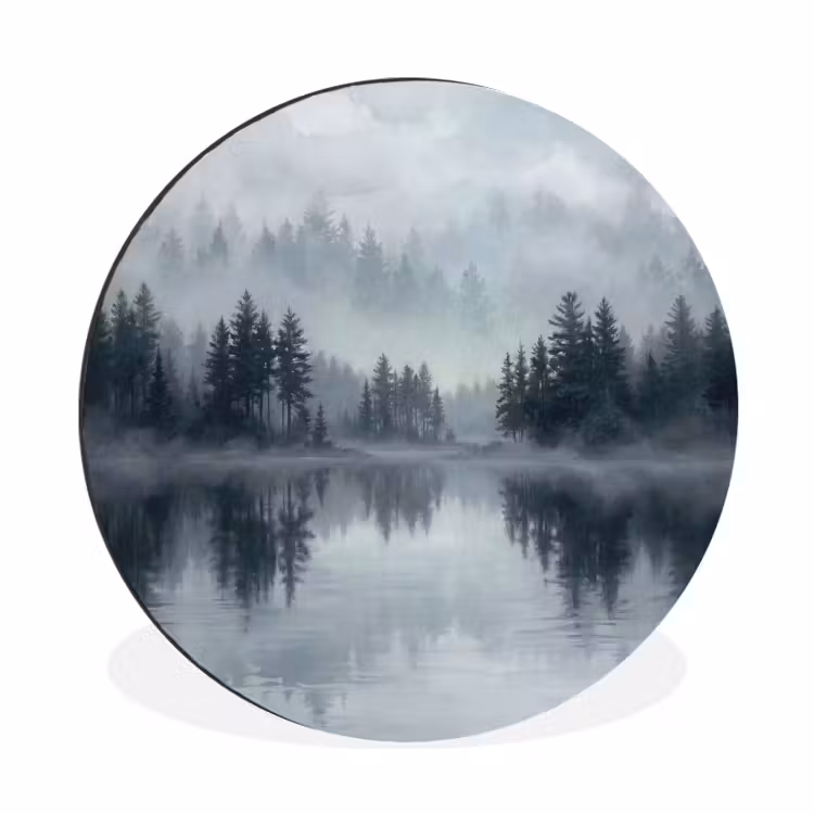 Bos - Meer - Mist - Natuur - Grijs Wandcirkel aluminium klein -3d