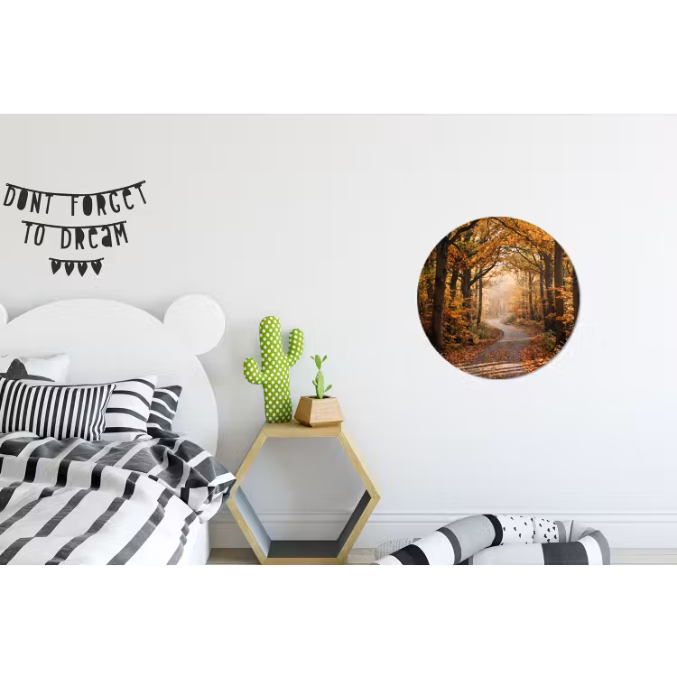 Bospad - Herfstbos - Bladeren - Oranje - Nostalgisch Wandcirkel aluminium klein -kinderkamer