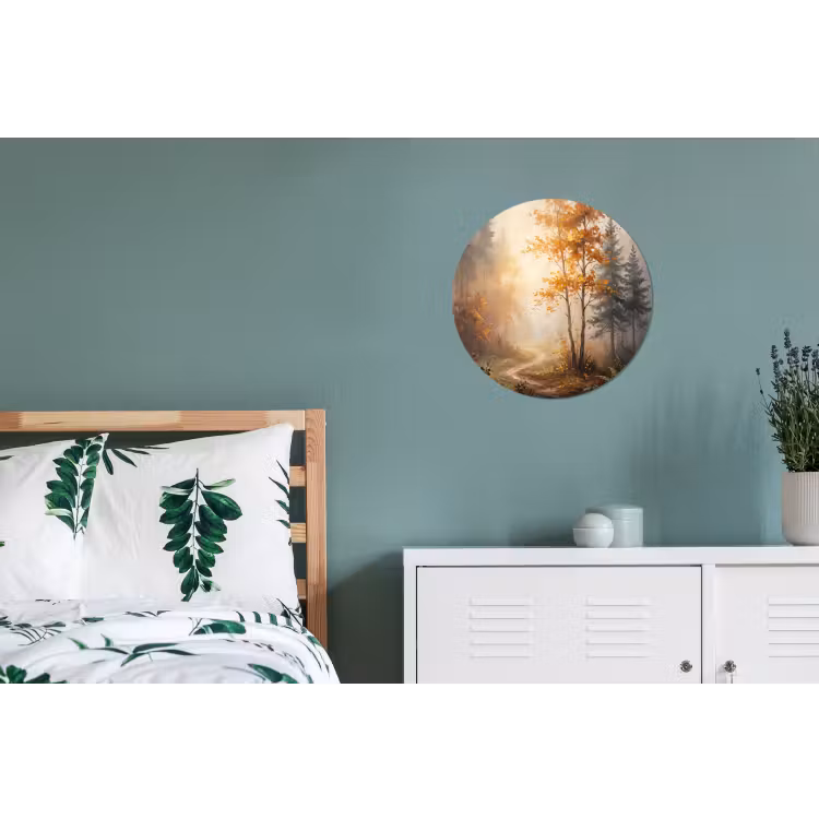 Bospad - Herfstbladeren - Natuur - Schilderachtig - Oranje Wandcirkel aluminium klein -slaapkamer