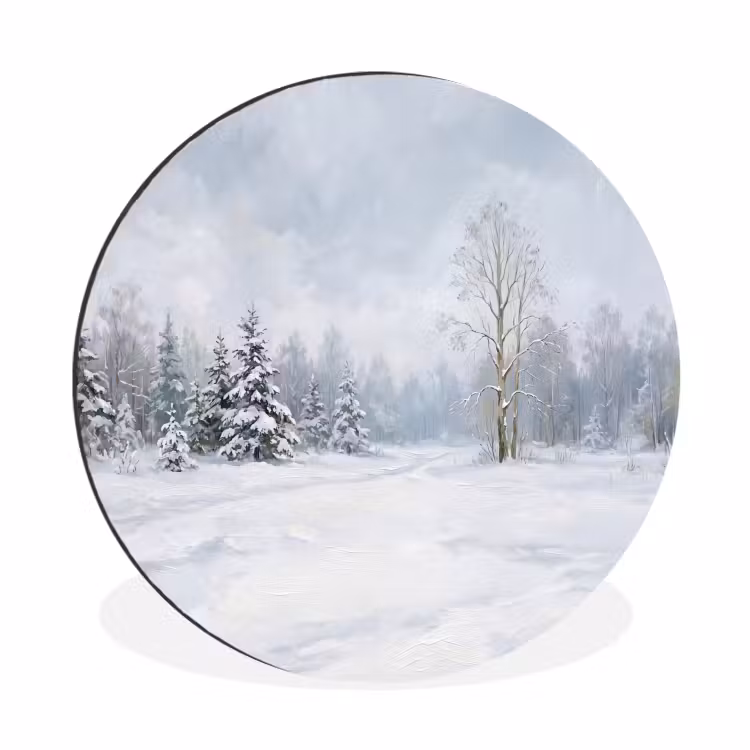 Bospad - Dennen - Sneeuw - Winter - Rustgevend Wandcirkel aluminium klein -3d