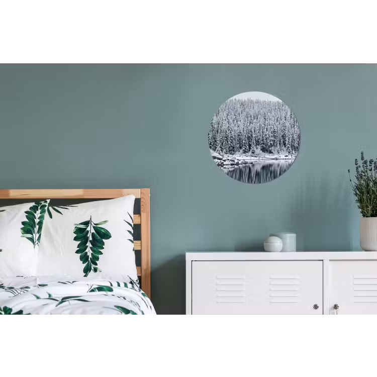 Bos - Reflectie - Meer - Winter - Serene Wandcirkel aluminium klein -slaapkamer