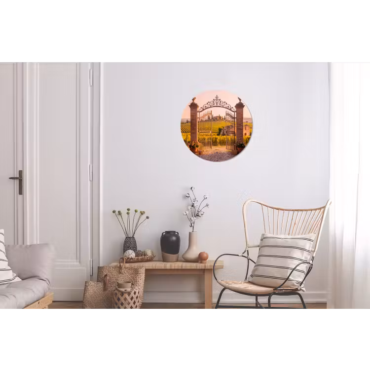Poort - Landschap - Platteland - Zonlicht - Warm Wandcirkel aluminium klein -woonkamer