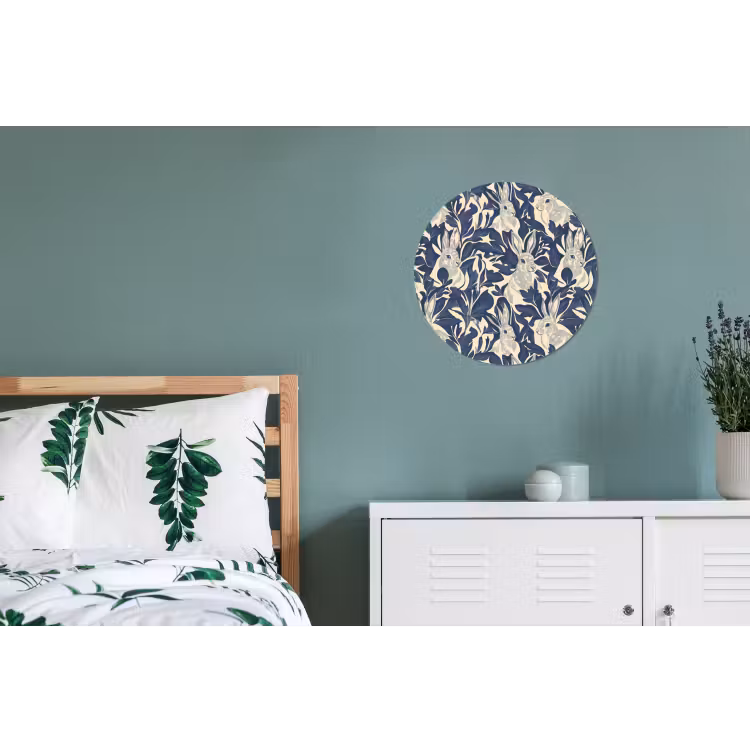 Hazen - Bladeren - Patroon - Blauw - Beige Wandcirkel aluminium klein 190 -slaapkamer