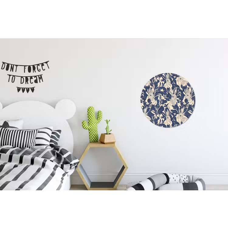 Hazen - Bladeren - Patroon - Blauw - Beige Wandcirkel aluminium klein 190 -kinderkamer