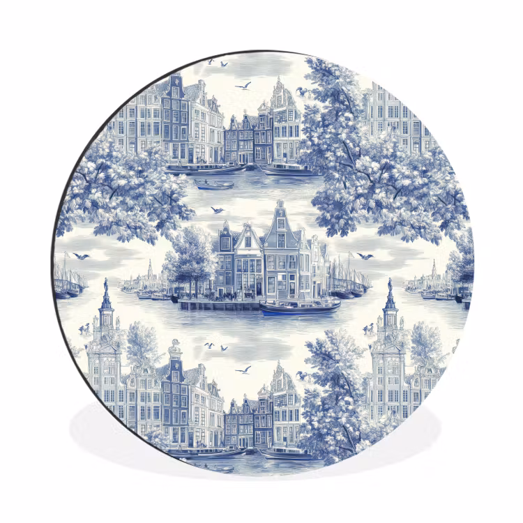 Huizen - Bomen - Water - Vogels - Blauw Wandcirkel aluminium klein 190 -3d