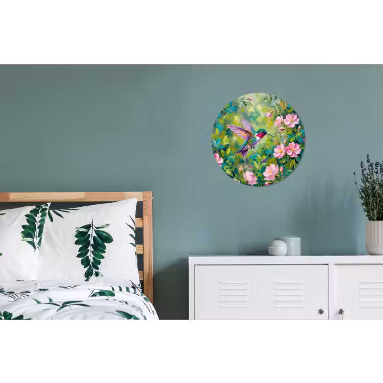 Kolibrie - Bloemen - Natuur - Kleurrijk Wandcirkel aluminium klein -slaapkamer