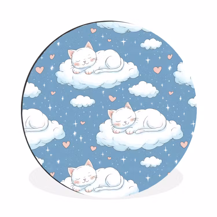 Kitten - Wolken - Blauw Wandcirkel aluminium klein 190 -3d
