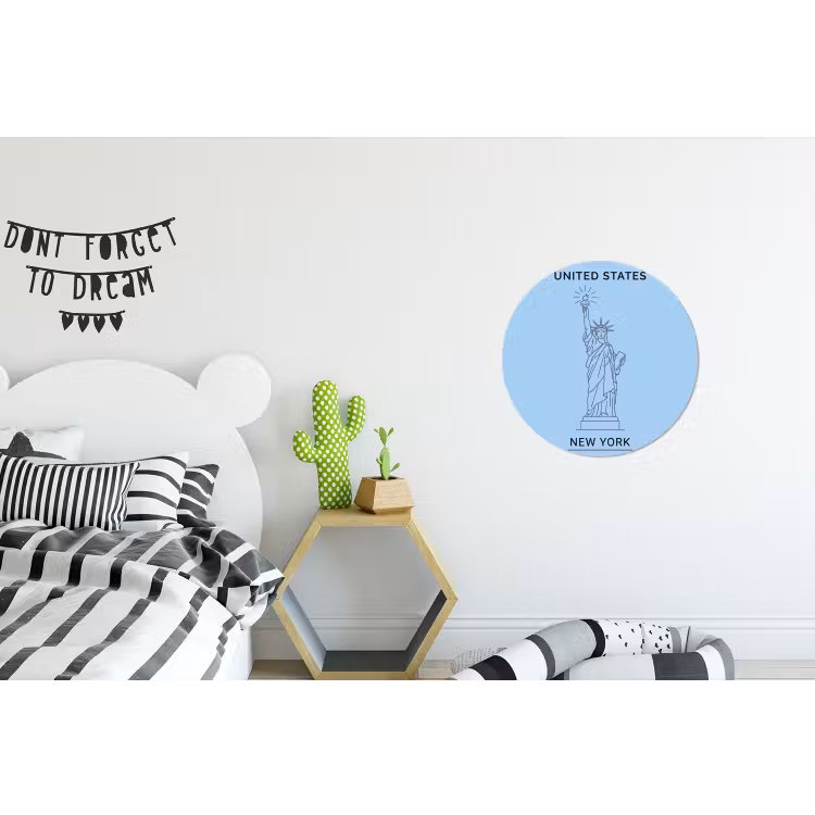 Monument - Vrijheidsbeeld - New York - Minimalistisch - Blauw Wandcirkel aluminium klein -kinderkamer