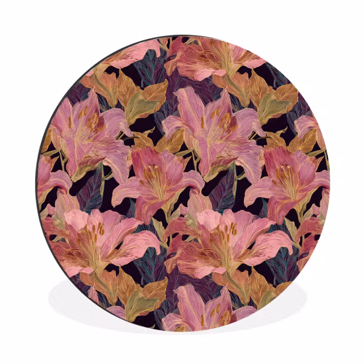 Lelies - Patroon - Roze - Goud Wandcirkel aluminium klein 190 -3d