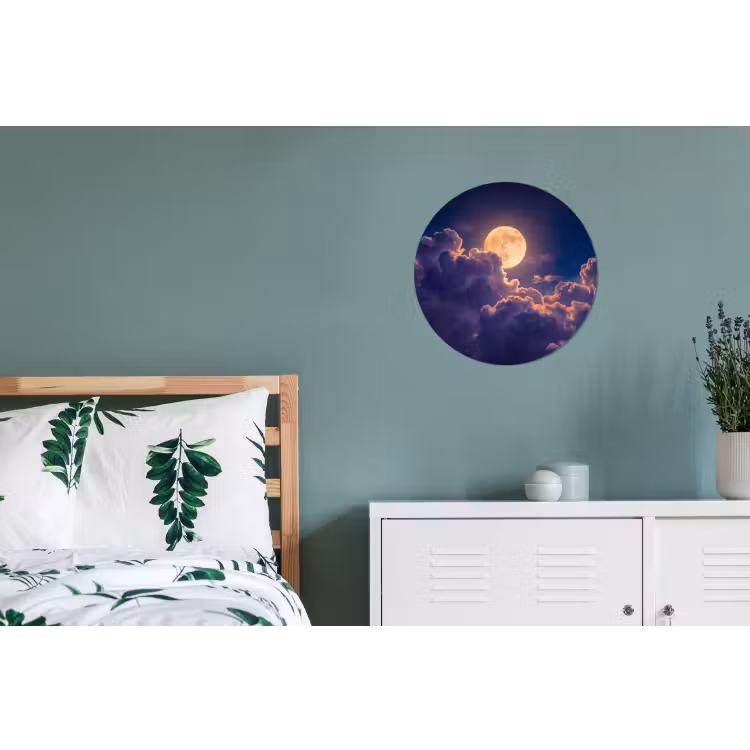 Maan - Wolken - Nacht - Oranje Wandcirkel aluminium klein -slaapkamer