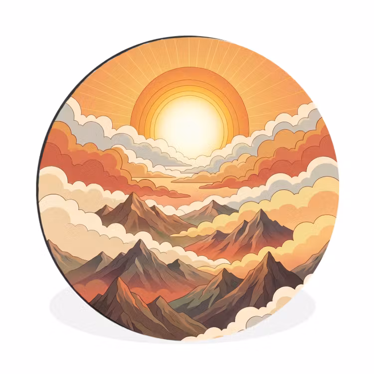 Bergen - Wolken - Natuur - Zonsopgang - Oranje Wandcirkel aluminium klein -3d