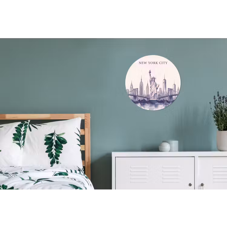 New York - Vrijheidsbeeld - Skyline - Illustratie - Blauw Wandcirkel aluminium klein -slaapkamer