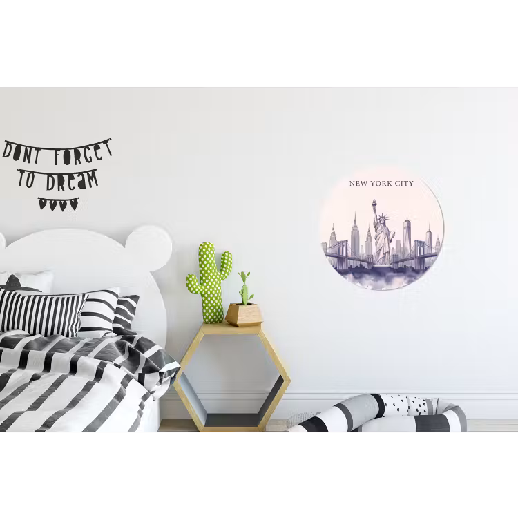 New York - Vrijheidsbeeld - Skyline - Illustratie - Blauw Wandcirkel aluminium klein -kinderkamer