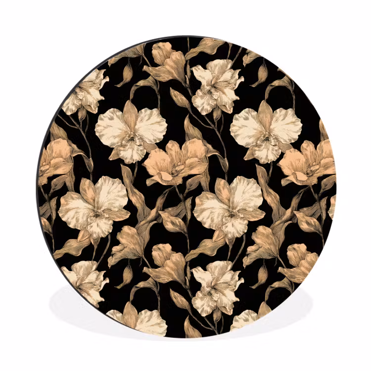 Orchideeën - Lijntekening - Patroon - Beige - Zwart Wandcirkel aluminium klein 190 -3d