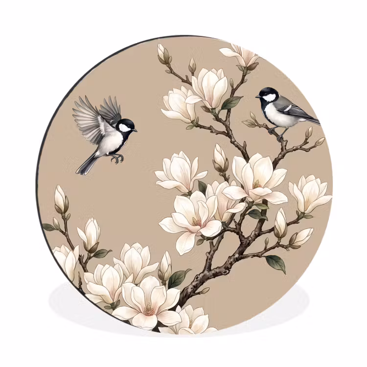 Oosters - Vogels - Beige Wandcirkel aluminium klein -3d