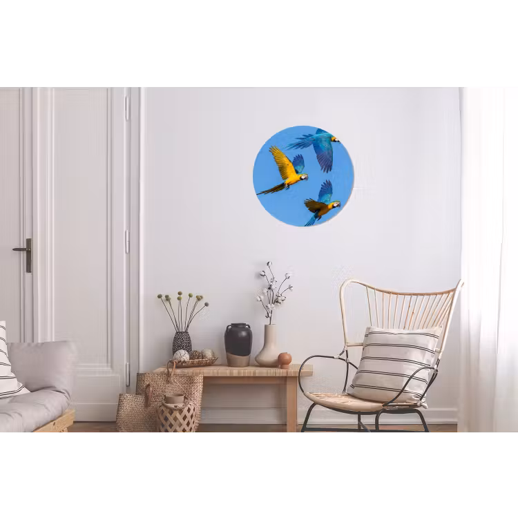 Papagaai - Vliegen - Blauw - Geel Wandcirkel aluminium klein -woonkamer